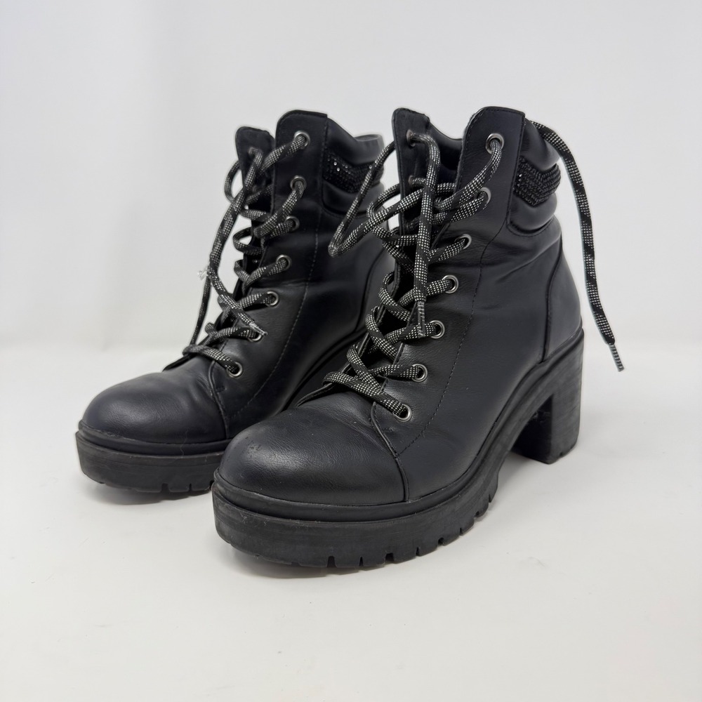 Nine West Black Rhinestone Collar Lace Up Combat Boots Block Heel Lug Sole 7.5M‎